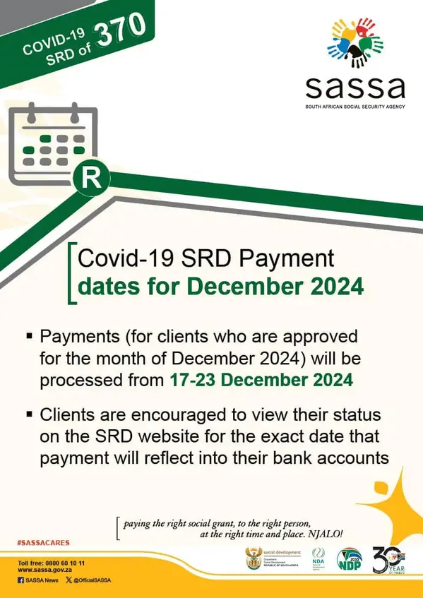 COVID-19 SRD Payments Will Issue on 17-23 December 2024